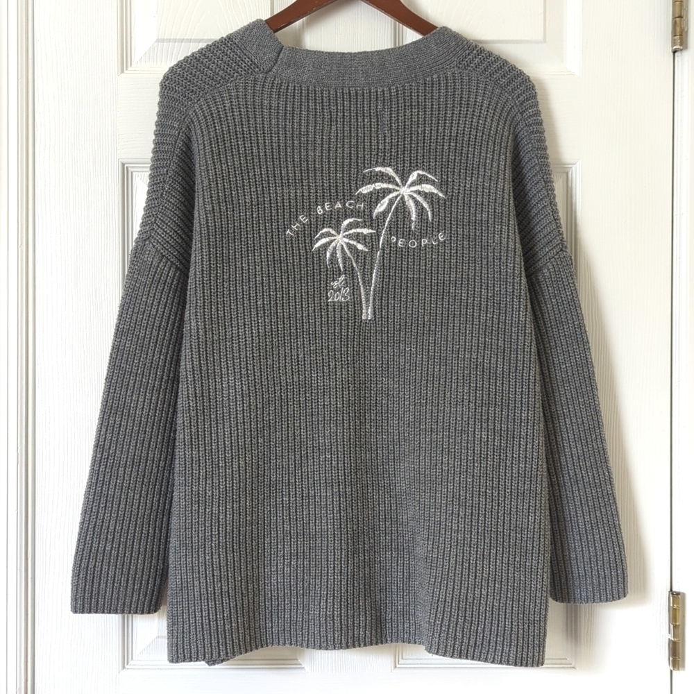 The Beach People The Twin Palms Ribbed Knit Open Front Cardigan Sweater Gray M/L - Picture 11 of 14